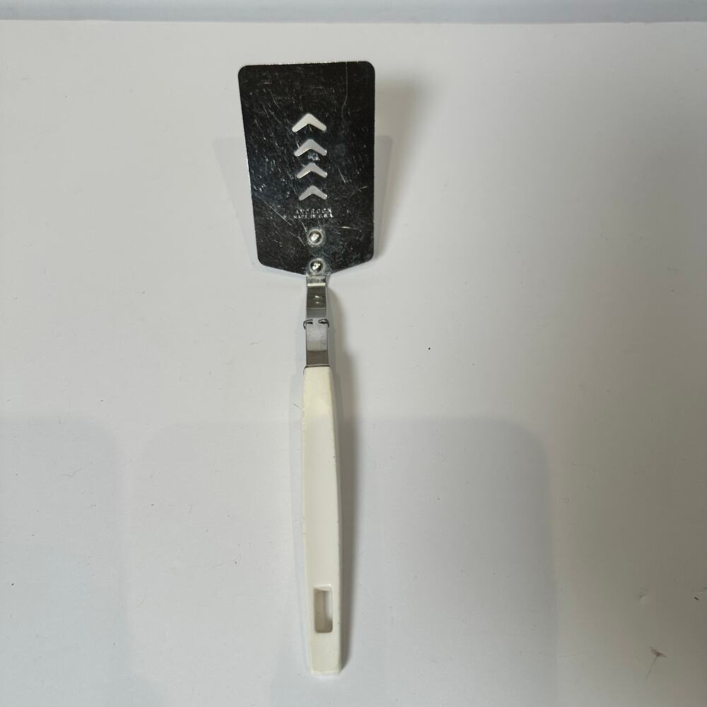 Vintage Androck Made in USA Stainless Steel Spatula Angled White Plastic Handle